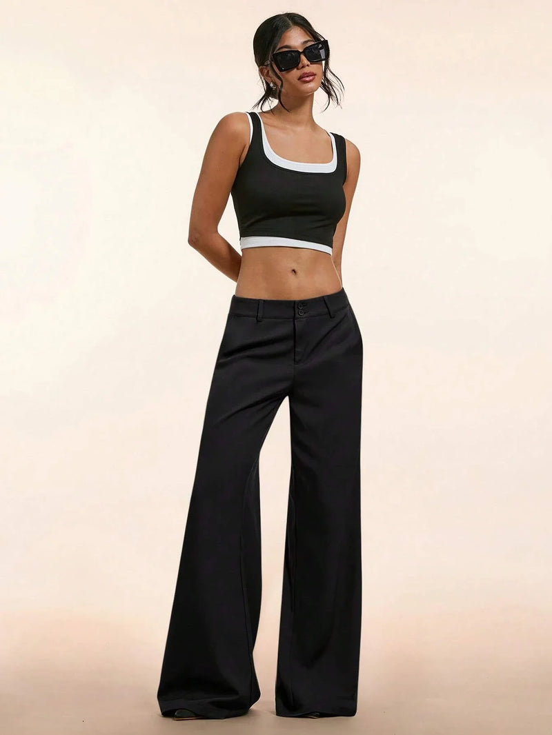 Women's Elegant Low Waist Personalized Slight Flared Leg Pants Casual Ribbed Wide Leg Mopping Trousers Streetwear 2025