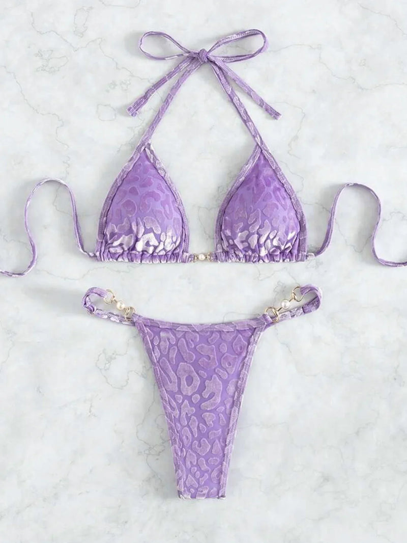 Shiny Pink Micro Bikini 2026 Mujer Women Sexy PU Pearls Push Up Thong Swimsuit Summer Bathing Suit Bandage Holiday Swimwear