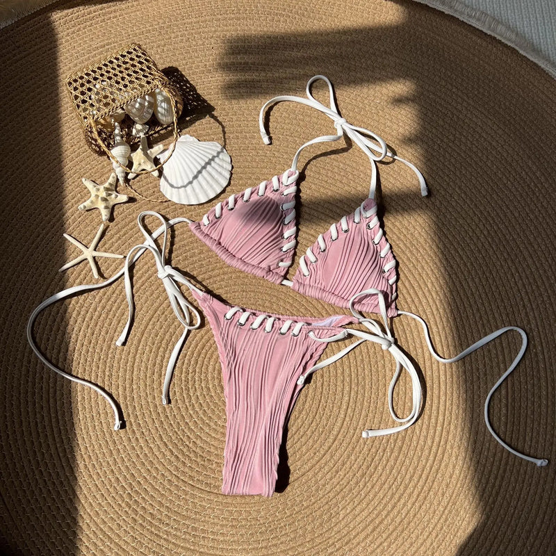 Sexy Micro Bikini 2025 Women Beige Brown Pink Weave Bandage Cross Crochet Swimsuit Brazilian Beach Bathing Suit Thong Swimwear