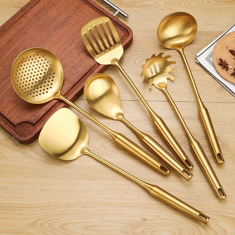 1/7Pcs Stainless Steel Kitchenware - Gold Soup Spoon Noodle Colander Hot Pot Spoon Rice Spoon Kitchen Cooking Frying Tool