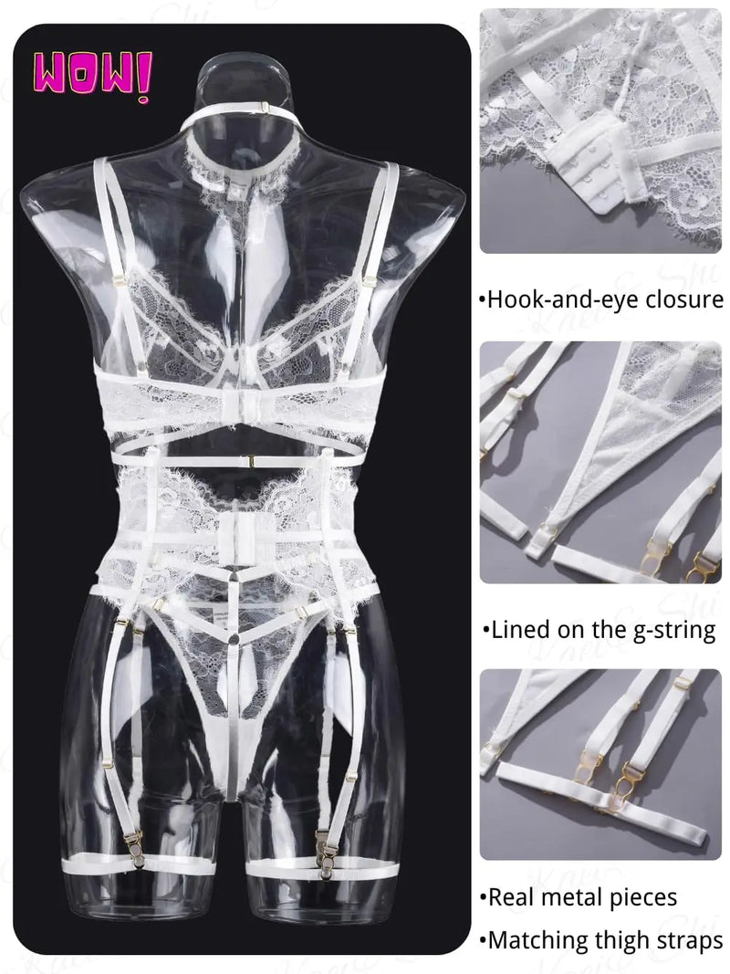 Sexy Garter Lingerie Set for Women – 4pcs Floral Lace Strappy High Waisted Bra Panty with Choker Belt
