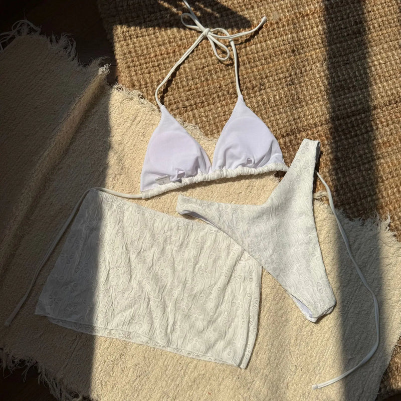 2025 New 3 Piece Bikini Set Women Sexy White Black Push Up Mesh Skirt Swimsuit Summer beach Bathing Suit Cover Up Thong Swimwear
