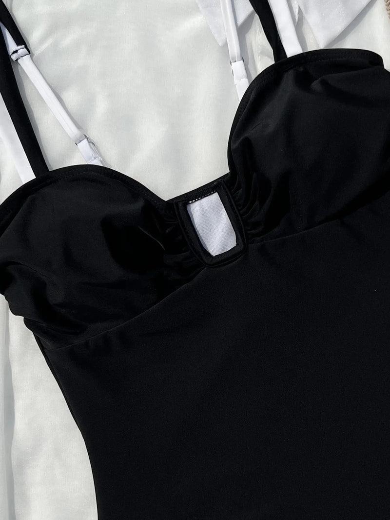 Vintage Black White Patchwork Swimwear Women 2026 Sexy Metal U Neck Backless One Piece Swimsuit Beach Bathing Suits Monokini