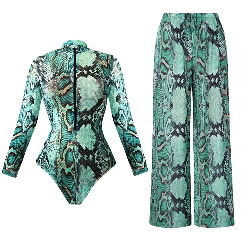 UPF35 Long Sleeved Sunscreen Swimsuit Long Pants Set Women Black Geometry Print Zipper Slim Fit Swimwear Bodysuit Beachwear 2025