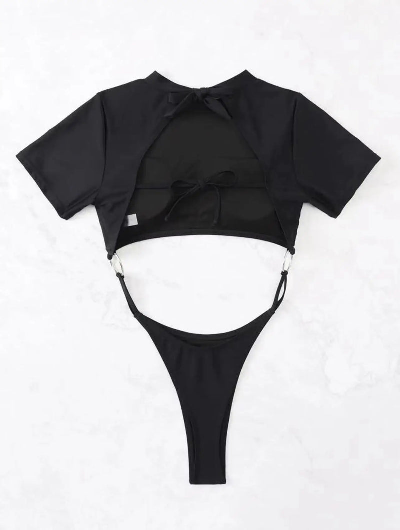 Bikini Women Swimsuit 2024 Blue Short Sleeve Hollow Out Thong Monokini Brazilian Beach Bathing Suit Push Up One Piece Swimwear