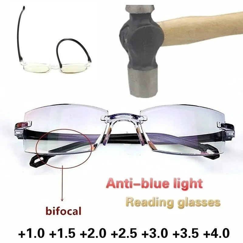 2 Pair Unisex Rimless Reading Glasses Anti Blue Light Bifocal Far Near Magnification Eyewear Presbyopic Glasses +150 +200