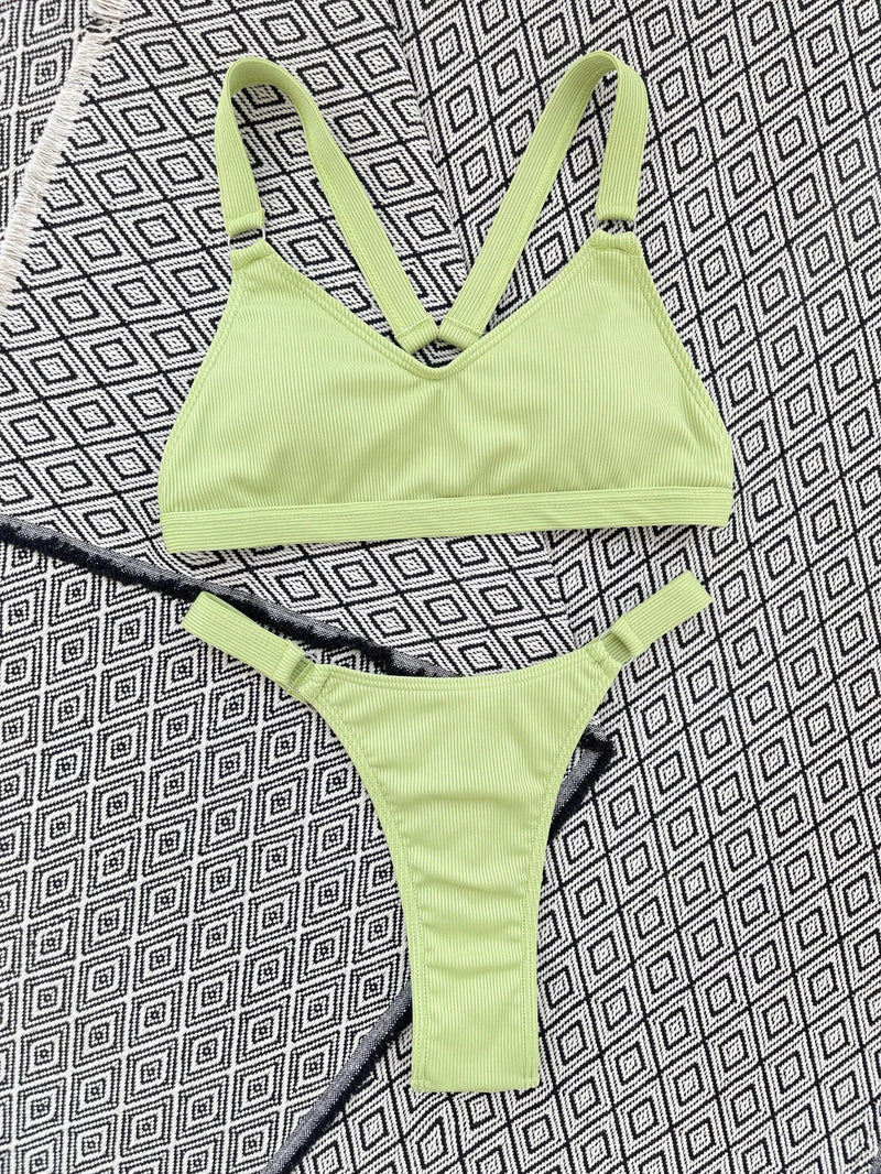 Sexy Ring Linked Backless Bikini Set Women Solid Black White Hollow Out Push Up Micro Swimsuit 2024 Bathing Suit Thong Swimwear