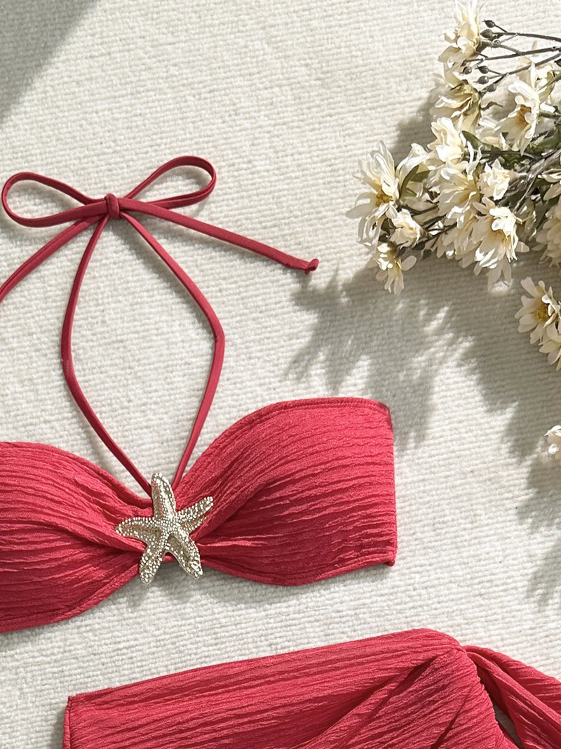 Sexy Metal Starfish Bikinis Set Women Brown Bandeau Push Up Mesh Skirt 3 Piece Swimsuit 2025 Beach Bathing Suit Holiday Swimwear