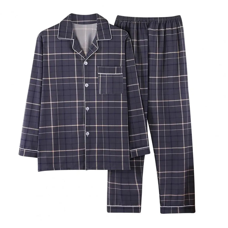 2Pcs Men Pajamas Set Lapel Long Sleeve Single Breasted Tops Elastic Waist Long Pants Comfortable Sleep Set Plaid Print Sleepwear