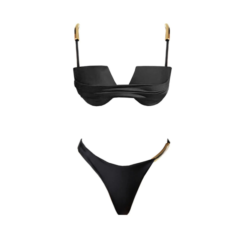 3Pcs Push Up Bikini 2026 New Swimsuit Women Sexy Swimwear Female Bandeau Biquini Solid Black Bathingsuit Swimming Suit Beachwear