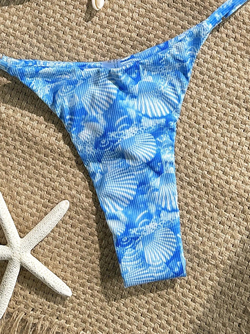 Sexy Blue Shell Print Bikini Set Women Halter Push Up Bra Pleate Thong Swimwear 2026 Beach Bathing Suit Holiday Swimsuit Biquini