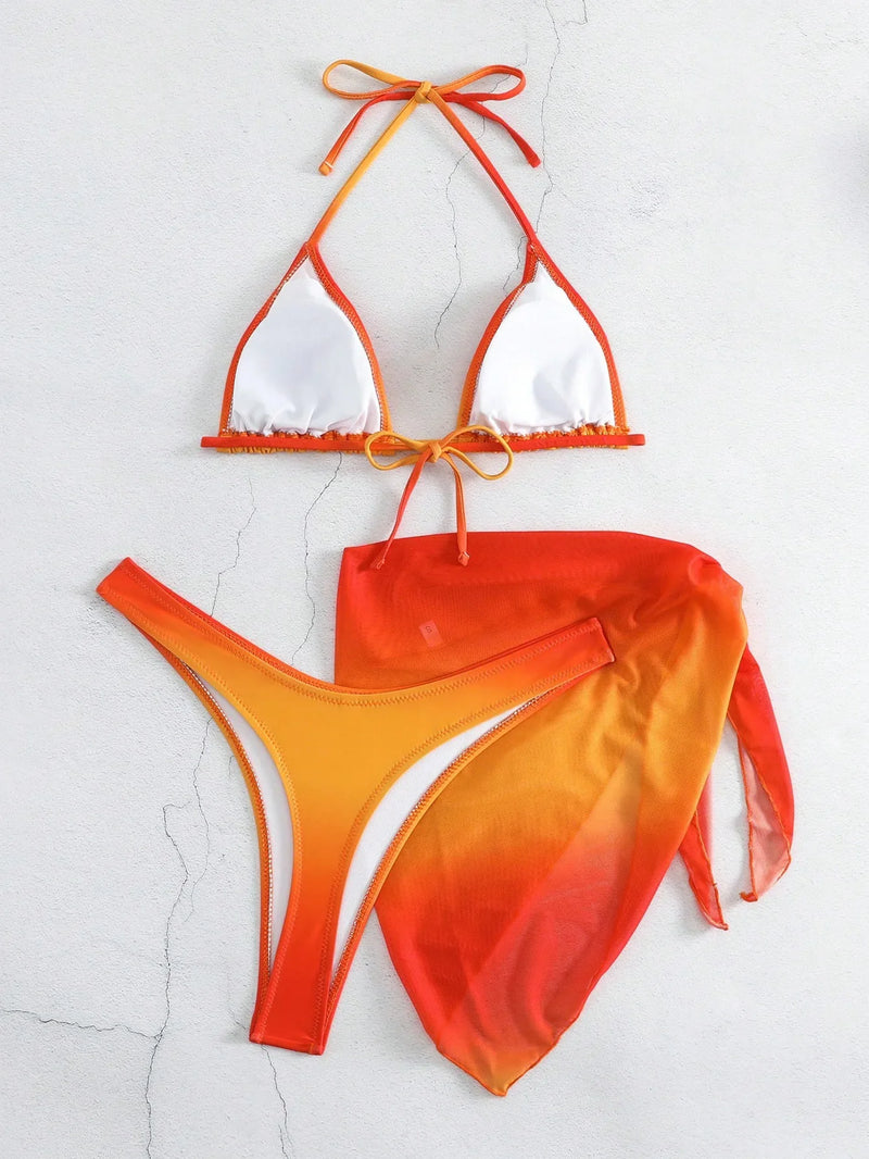 Sexy Brown Gradient Bikini 2024 Swimwear Women Halter Push Up Bra Mesh Skirt 3 Piece Swimsuit Bathing Suit Cover Up Bikinis Sets