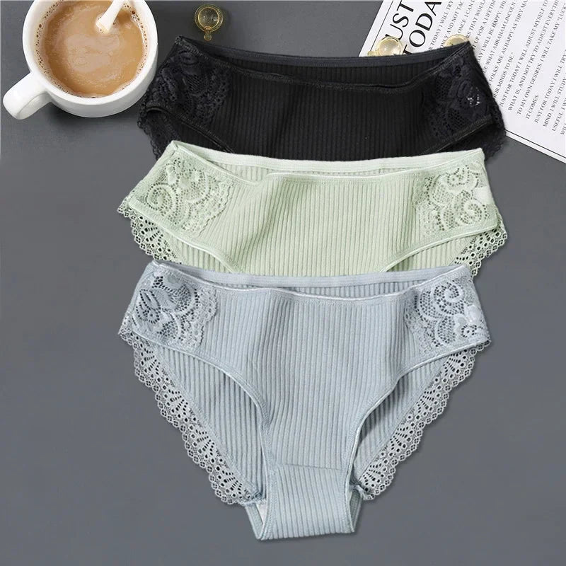 New 3Pcs/set Women's Cotton Panties M-2XL Women Patchwork Lace Underwear Sexy Low Waist Briefs Ladies Comfortable Underpants