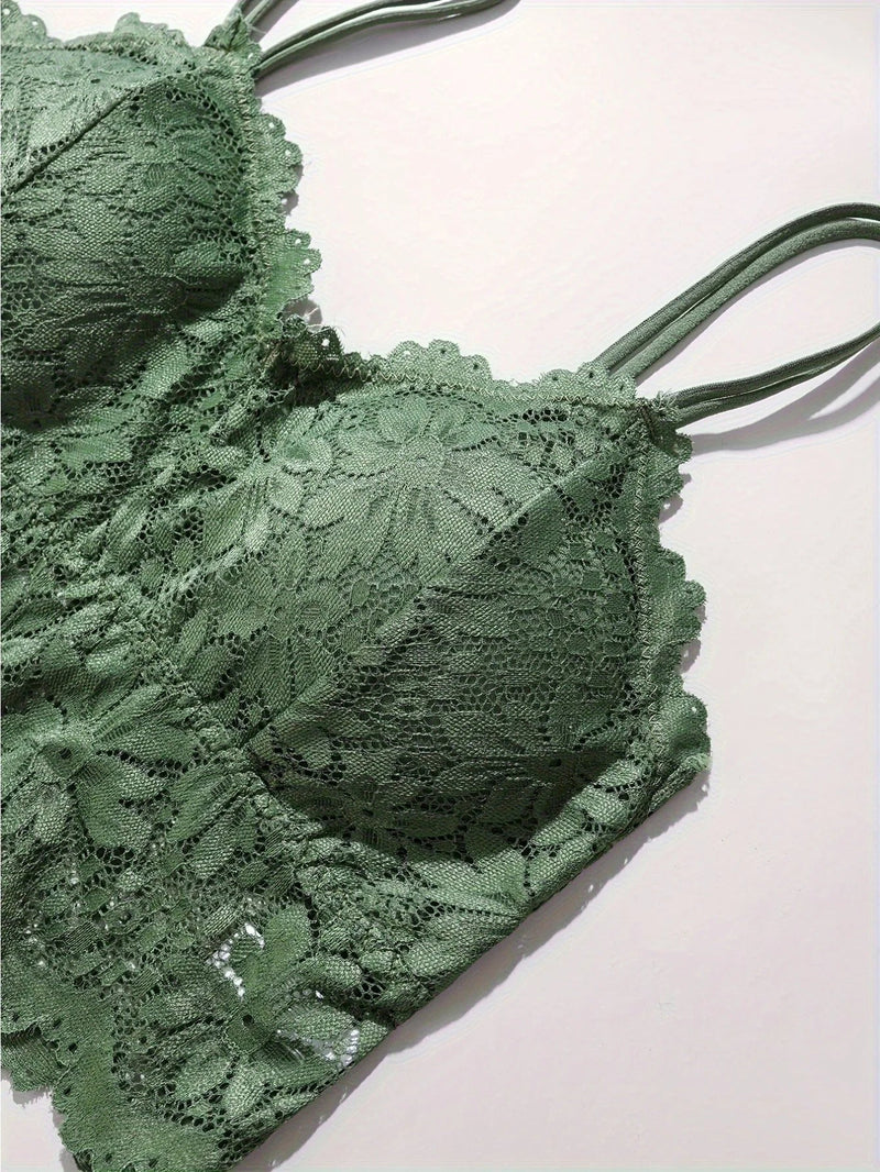 4pcs Women'S Sexy Lace Bra & Panty Set, Breathable & Comfortable, Removable Bra, Stretchy Lingerie Set
