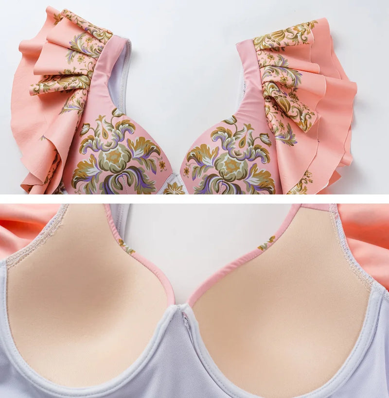 Vintage Pink Floral Print Swimsuit 2024 Ruffle Push Up Skirt Monokini Holiday Bathing Suit Tummy Control Swimwear Surf Wear
