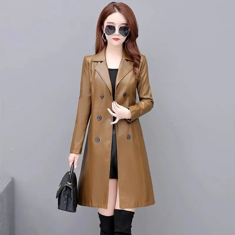 Autumn Winter Women's Chic Leather Jacket Mid-Length Slim Korean Sheepskin