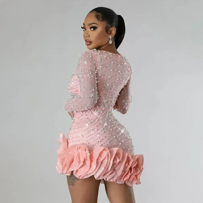 2025 Party Dresses Beading Diamond Long Sleeves Ruffles for women Shiny Elegant Wedding Guest Gown Occasion Celebrate Birthday