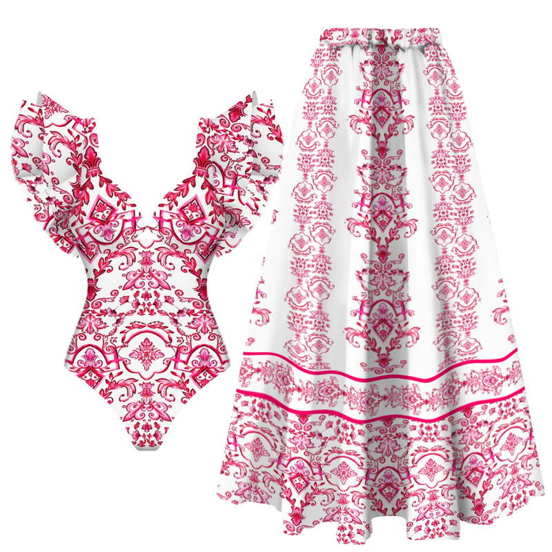 2-Piece Shoulder Ruffle Swimsuit With Cover Up Sexy Beachwear