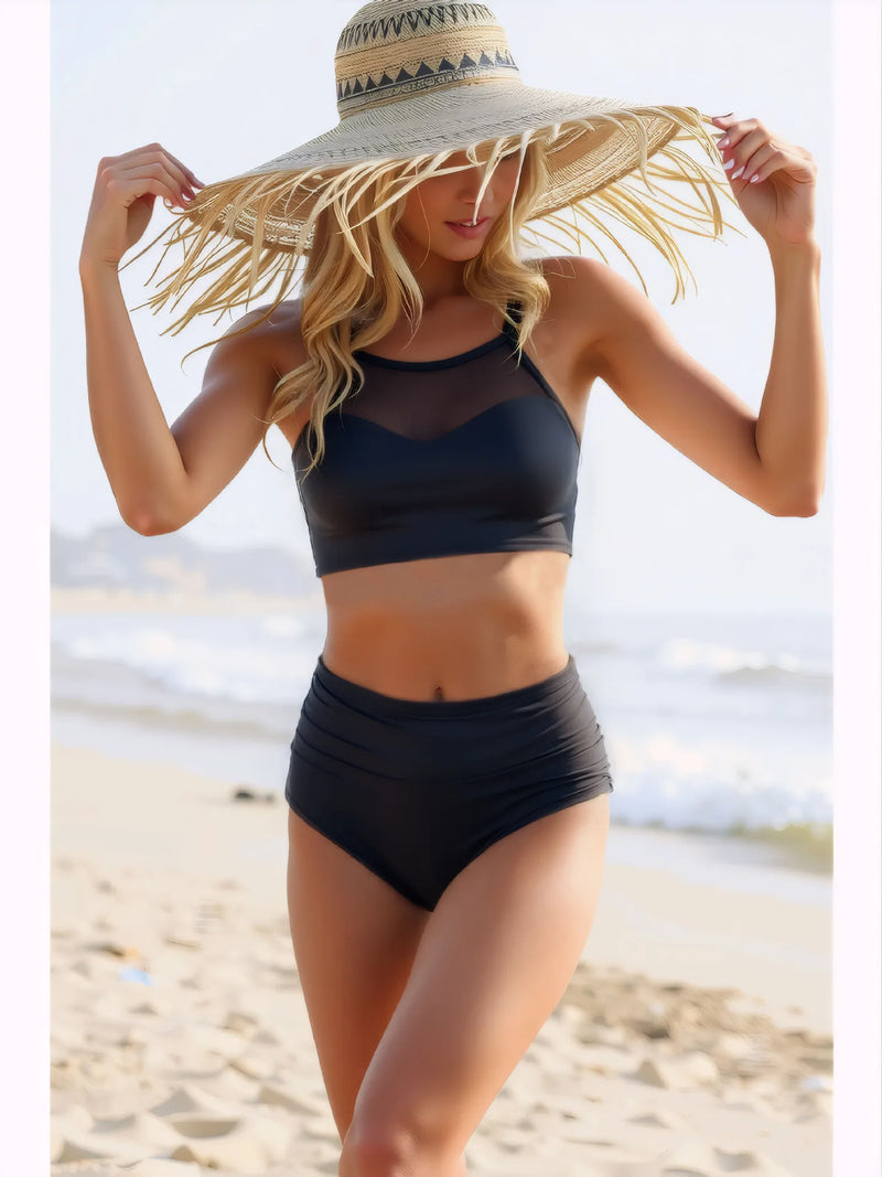 2026 Sexy Strappy Bikini High Waist Swimsuit Women Black Mesh Swimwear Female Bathers Bathing Swimming Suit Padded Beachwear
