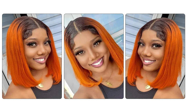 180% Density Dark Root Ginger Ombre Straight Bob Wig | Transparent T-Part Lace Front Human Hair