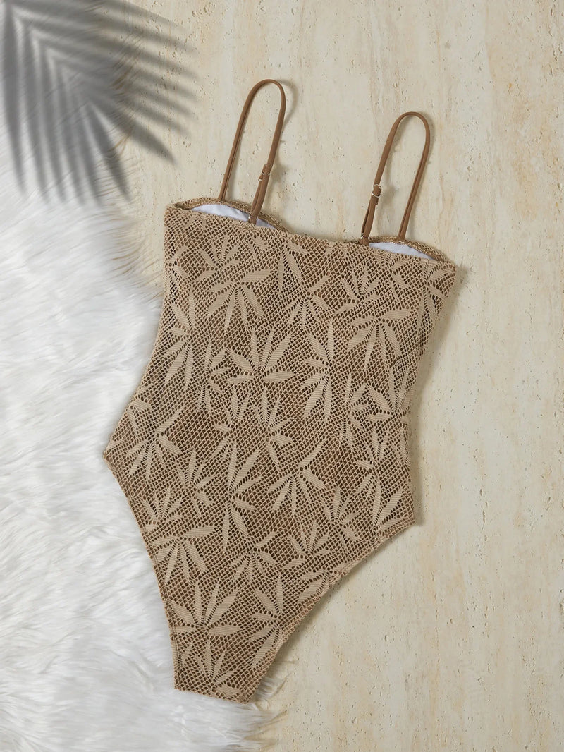 2026 Vintage Coffee Leaves Print One Piece Swimsuit Women Beaded String Hollow Out Backless Mesh Slim Fit Tummy Control Swimwear