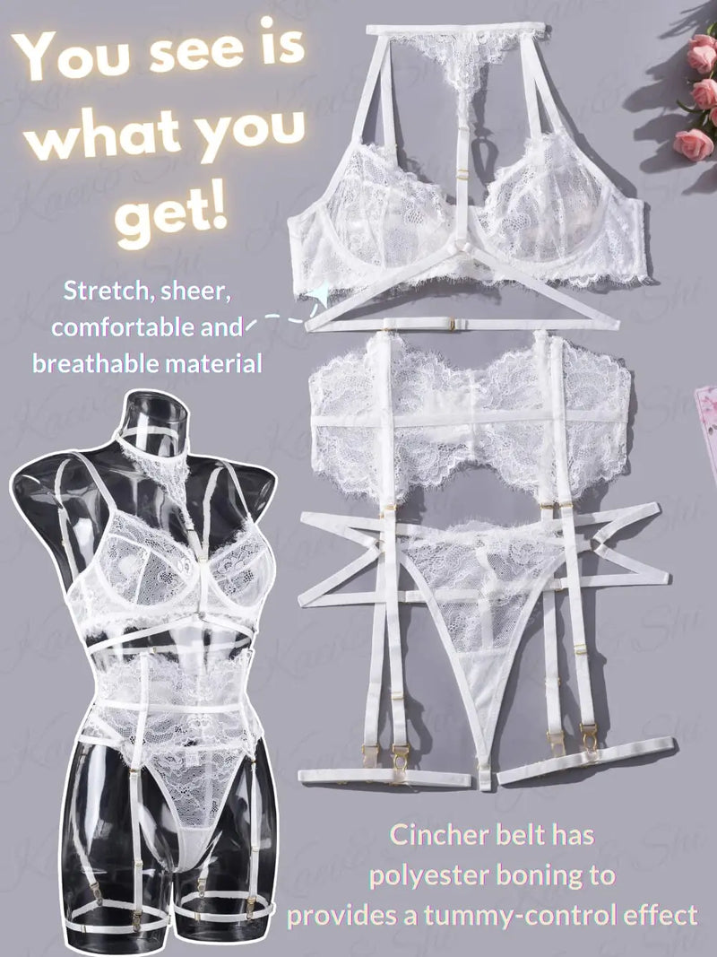 Sexy Garter Lingerie Set for Women – 4pcs Floral Lace Strappy High Waisted Bra Panty with Choker Belt