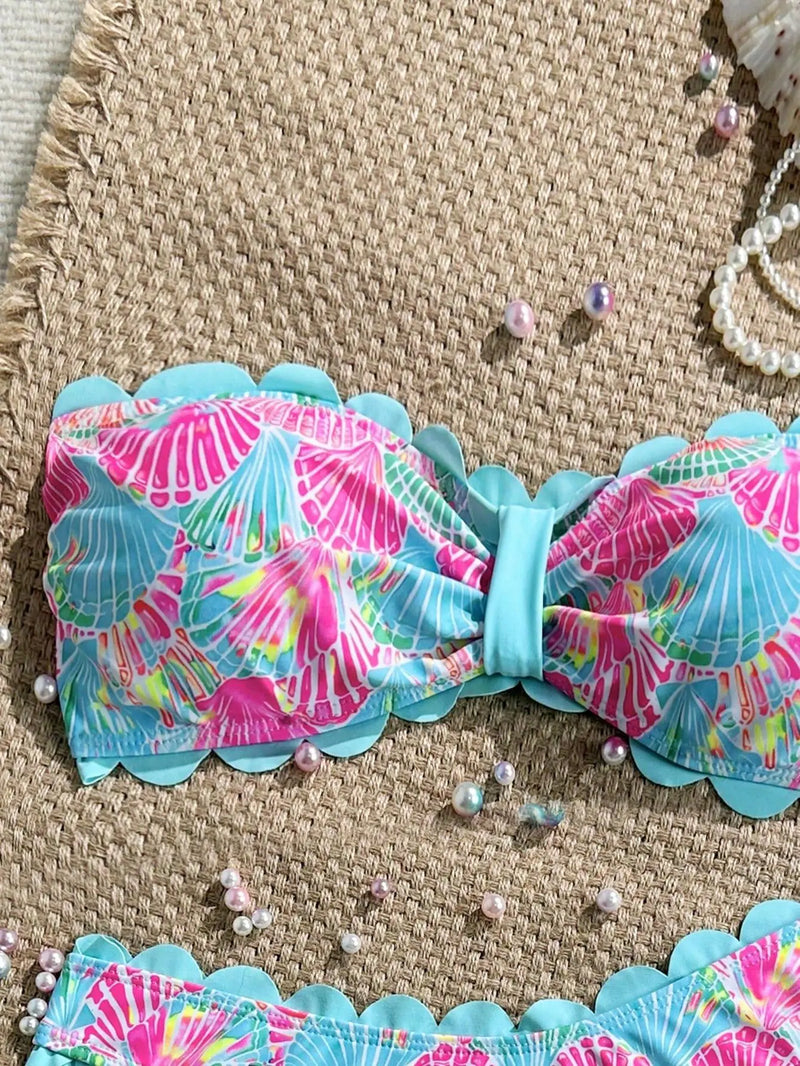 Sexy Ruffles Bandeau Bikini 2026 Women Sky Blue Floral Print Front Bow Push Up High Waist Swimsuit Beach Bathing Suit Swimwear