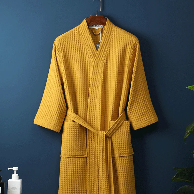 Adult Cotton Waffle Kimono Bathrobe Gown with Pocket Loungewear Sleepwear