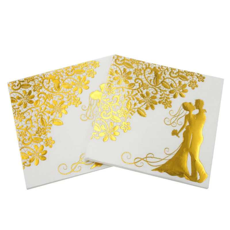 100pcs Wedding Paper Napkins Sparkle Golden Bride Groom Table Napkins 33x33cm Two-Layers Home Hotel Wedding Party Table Decor