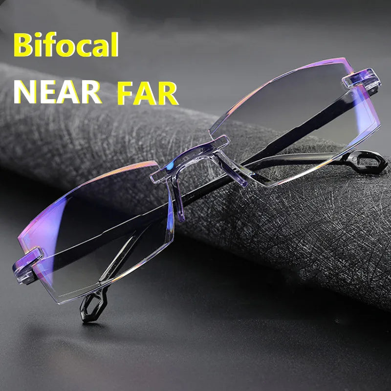 2 Pair Unisex Rimless Reading Glasses Anti Blue Light Bifocal Far Near Magnification Eyewear Presbyopic Glasses +150 +200