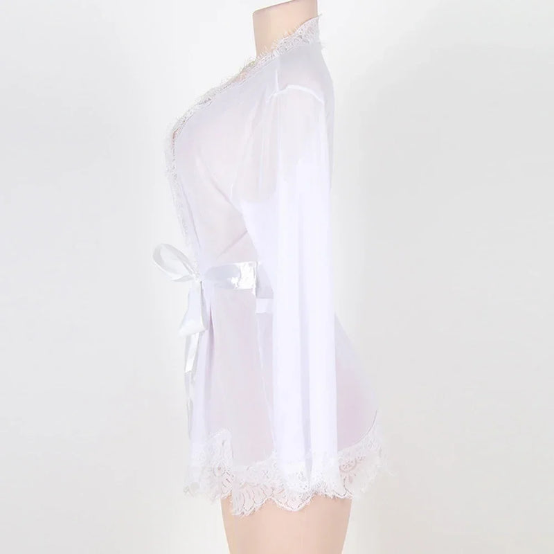 Sexy Lingerie Women Nightgown Black Lace Transparent Mini Dress with Belt and Panties Set Nightwear Sleepwear