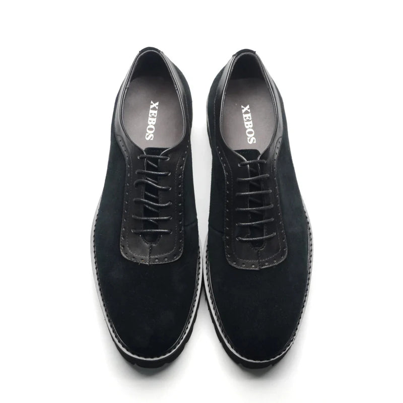Designer Luxury Platform Oxfords for Men | Cow Suede Genuine Leather Black & Blue Casual Shoe (Height Increasing)