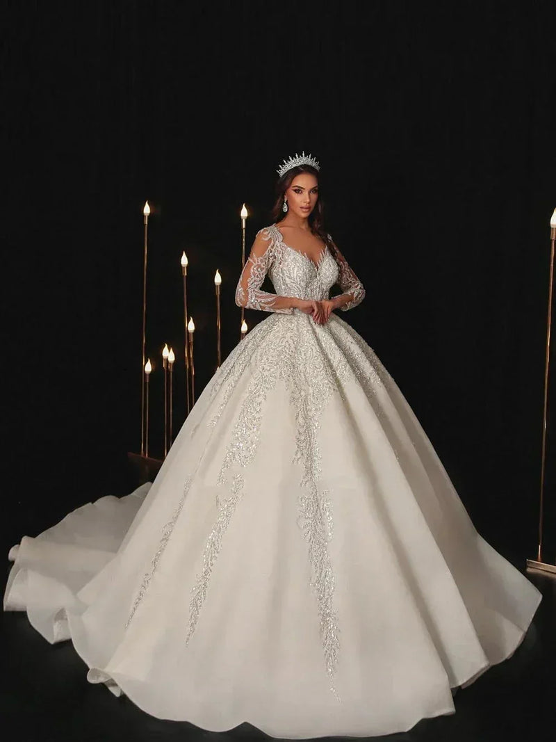 Modern Wedding Dresses A Line Bridal Gowns Lace Appliques Full Sleeves Floor Length Robes Charming Vestidos De Novia Customized