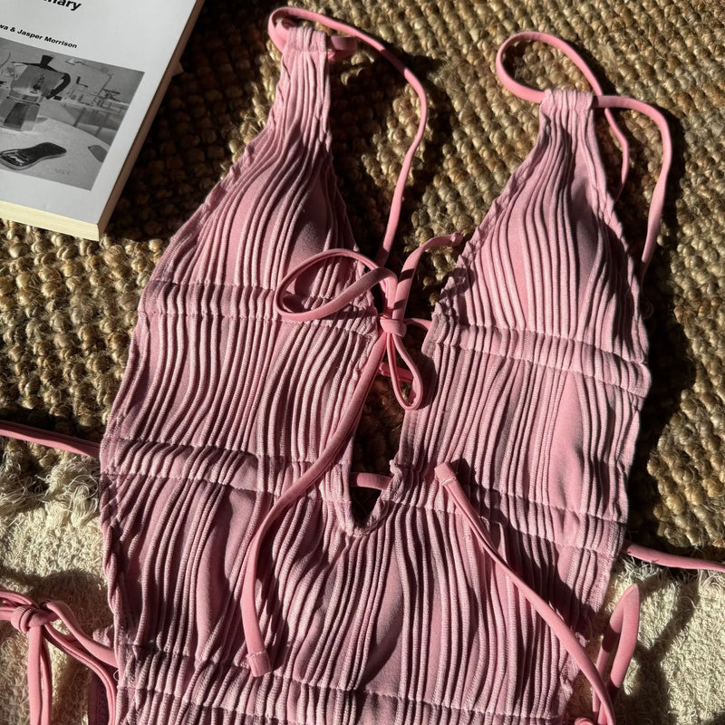 2026 New Deep V One Piece Black Swimsuit Halter Solid Color Women's Backless Bathing Suit Bandage White Swimwear For Female