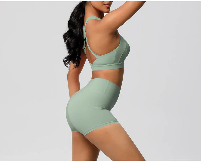 2PCS Yoga Set Women Gym Sports Suits Fitness Bra Crop Top Workout Clothes Female Athletic Wear Push Up Shorts Sportswear