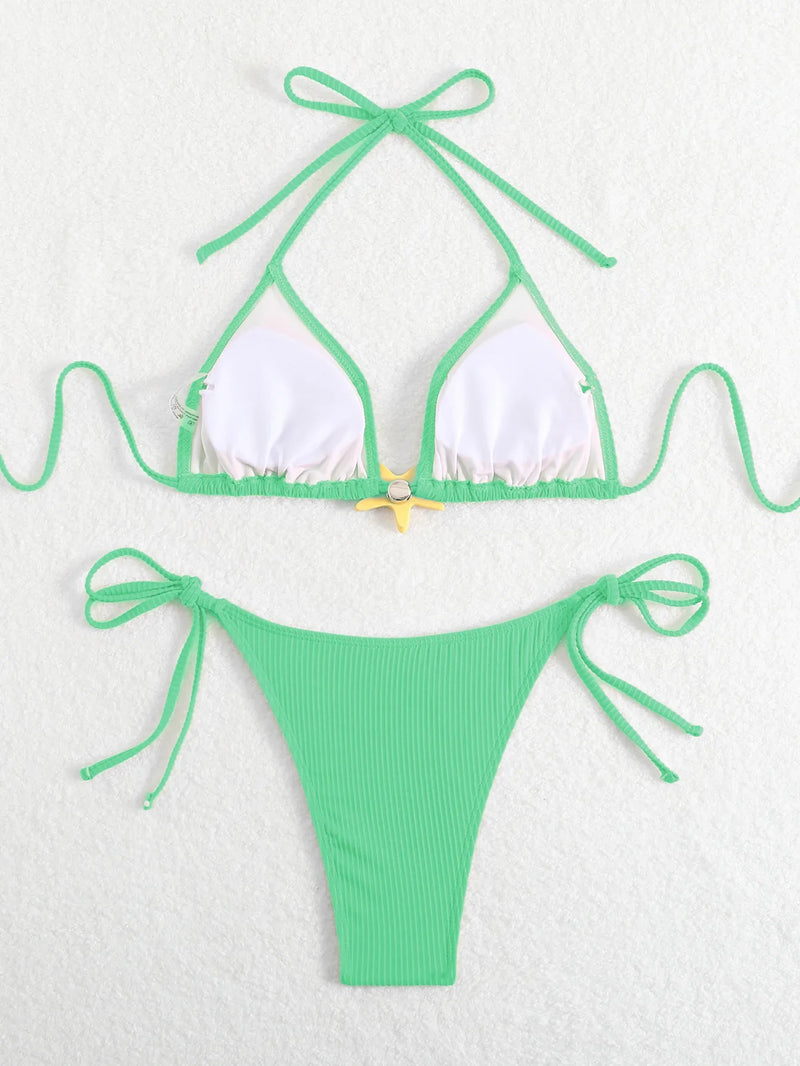 Sexy Black Micro Bikini 2025 Women Starfish Ornament Push Up Bra Tie Side Thong Swimsuit Summer Bathing Suit Holiday Swimwear