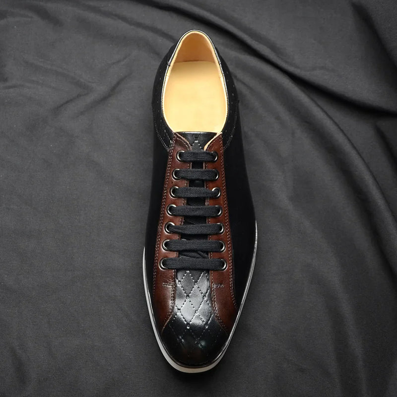 Europe 2024 Fall Luxury Men's Genuine Leather Plaid Casual Shoes | Black & Dark Brown Business Sneakers (Height Increasing)