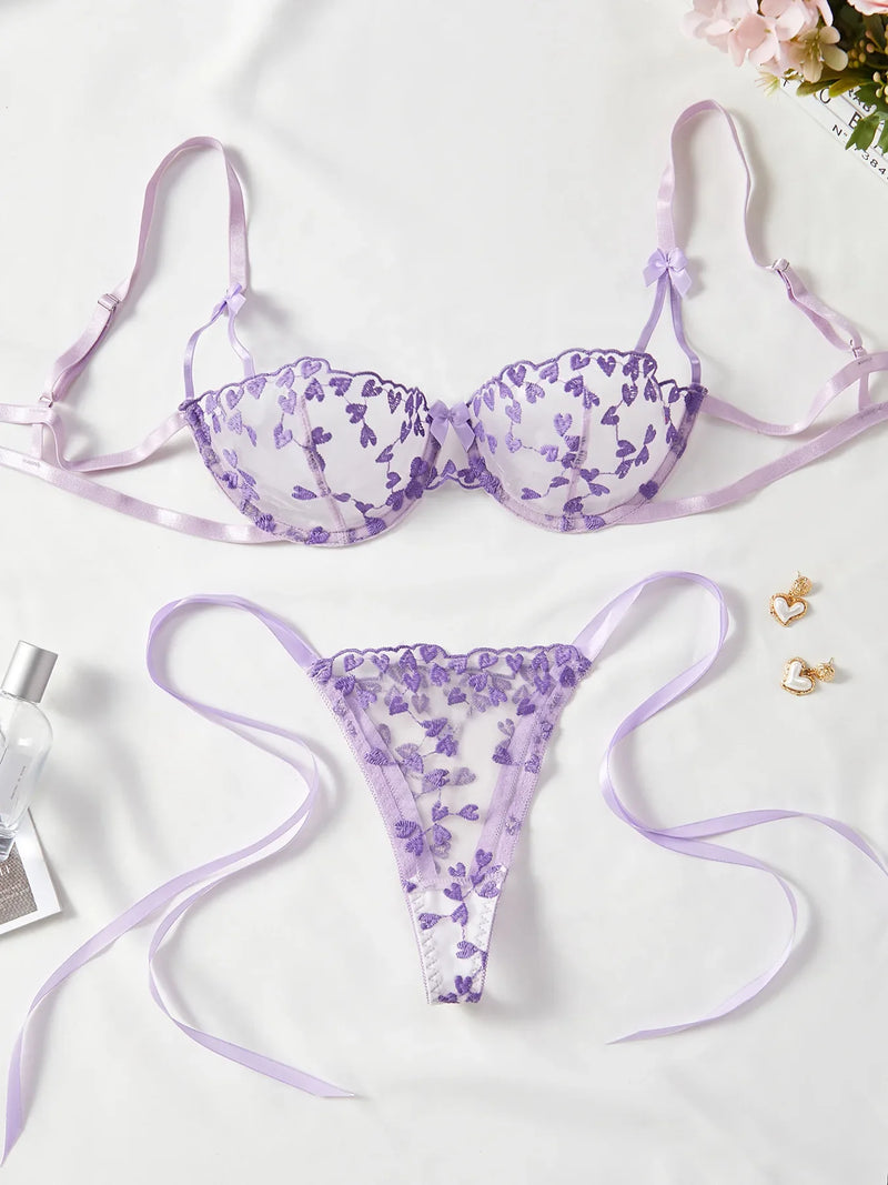 French Lace Heart Bra Set Girls Sexy Women Bralette Adjustable Transparent Embroidery Underwear Thong Bras Lingerie Panties Sets