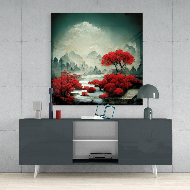 Red Forest Glass Wall Art  || Designer Collection