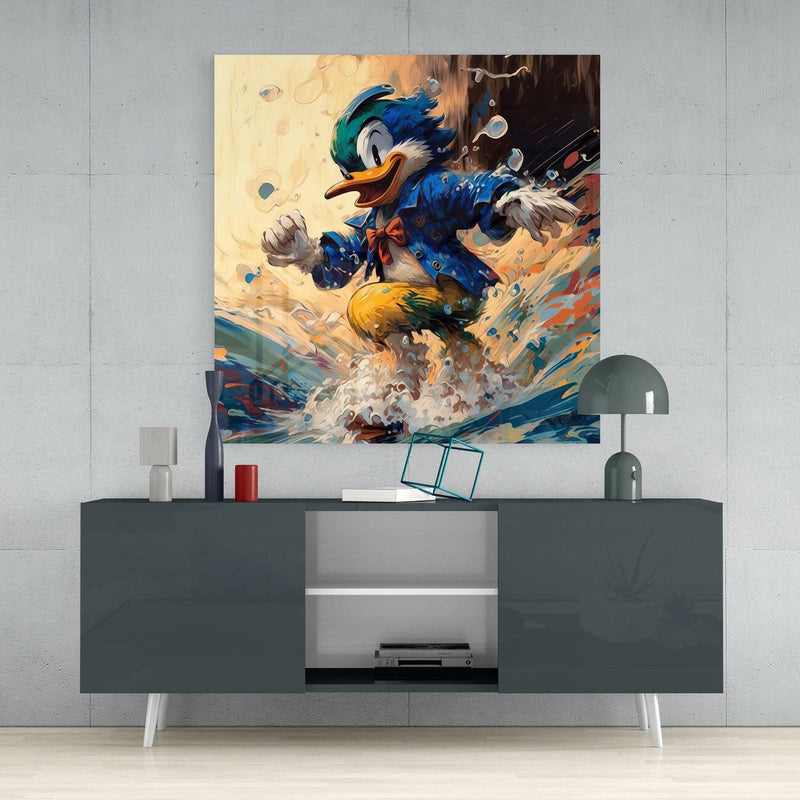 Surfing Duck Glass Wall Art  || Designer Collection