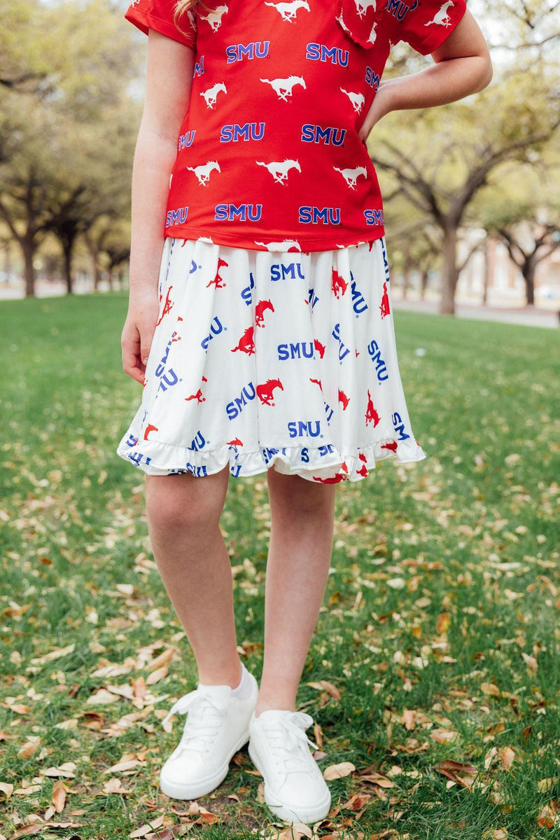 SMU White Mustang Ruffle Twirl Skort