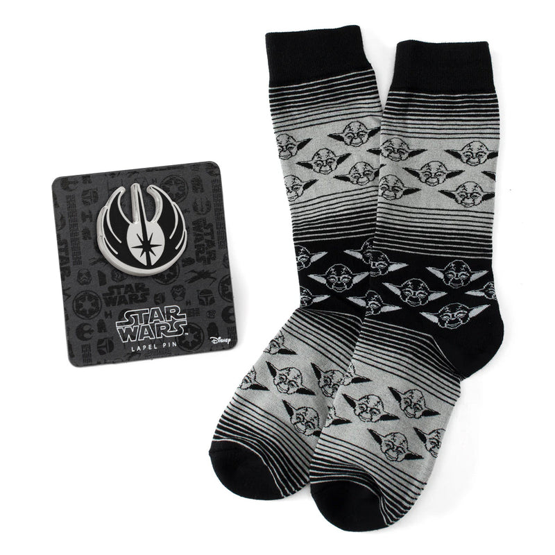 Star Wars Yoda Gray and Black Ombre Pattern Dress Socks with Jedi Crest Lapel Pin
