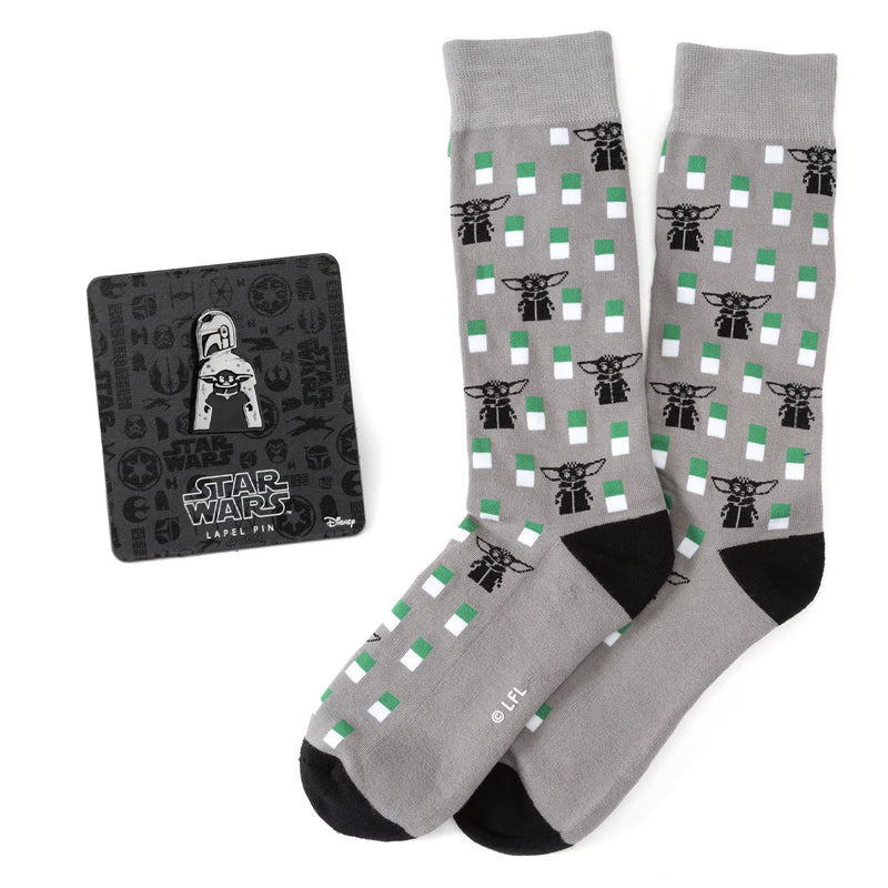Star Wars Mandalorian and Grogu Gray Dress Socks and Lapel Pin Gift Set