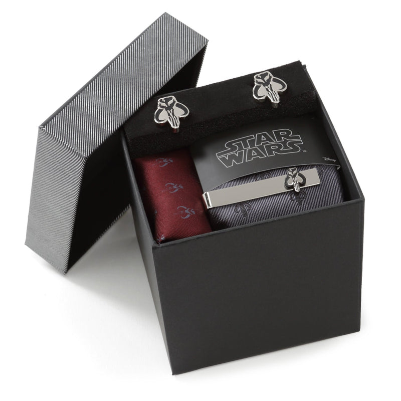 Star Wars Mandalorian Mythosaur Gray Tie, Red Pocket Square, Cufflinks, and Tie Bar Gift Set