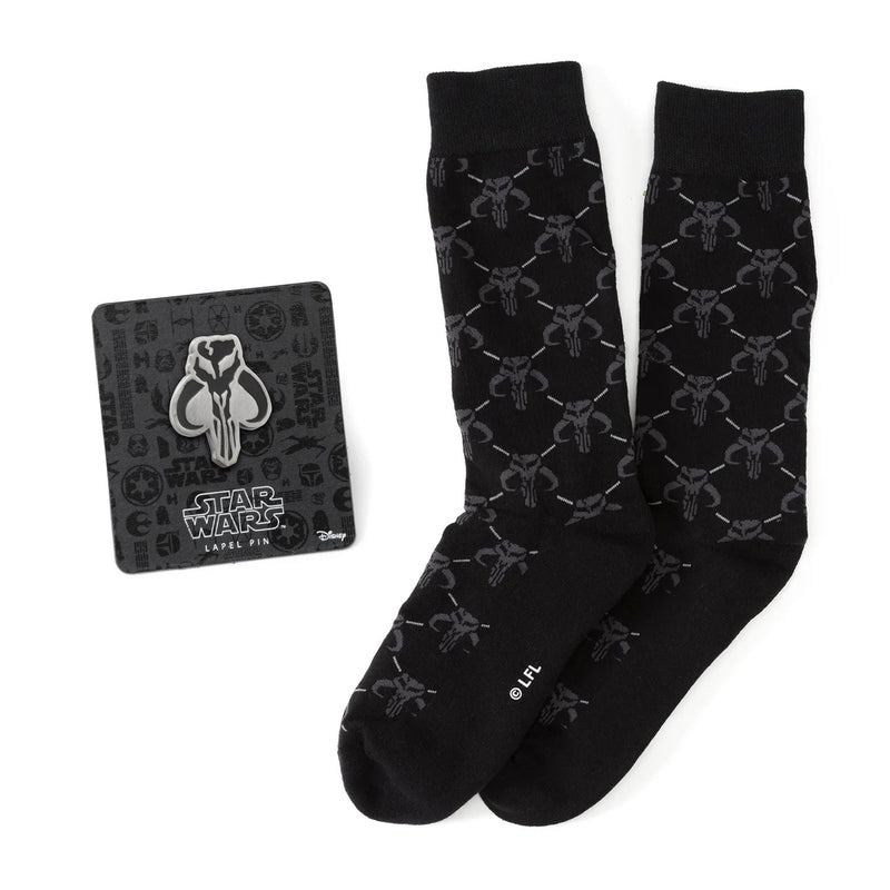 Star Wars Mandalorian Charcoal Gray Dress Socks and Mythosaur Lapel Pin Gift Set