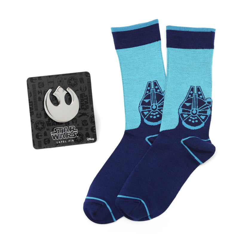 Star Wars Millennium Falcon Blue Mod Dress Socks and Rebel Crest Lapel Pin Gift Set