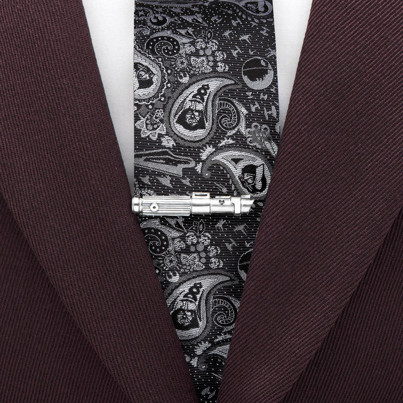 Star Wars Darth Vader Black and Gray Paisley Tie and LIGHTSABER Tie Clip Gift Set