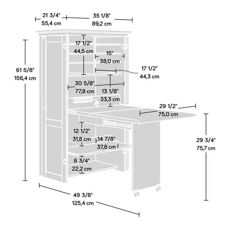 Drop Leaf Computer Desk Craft Table Armoire in White Wood Finish - Made in USA