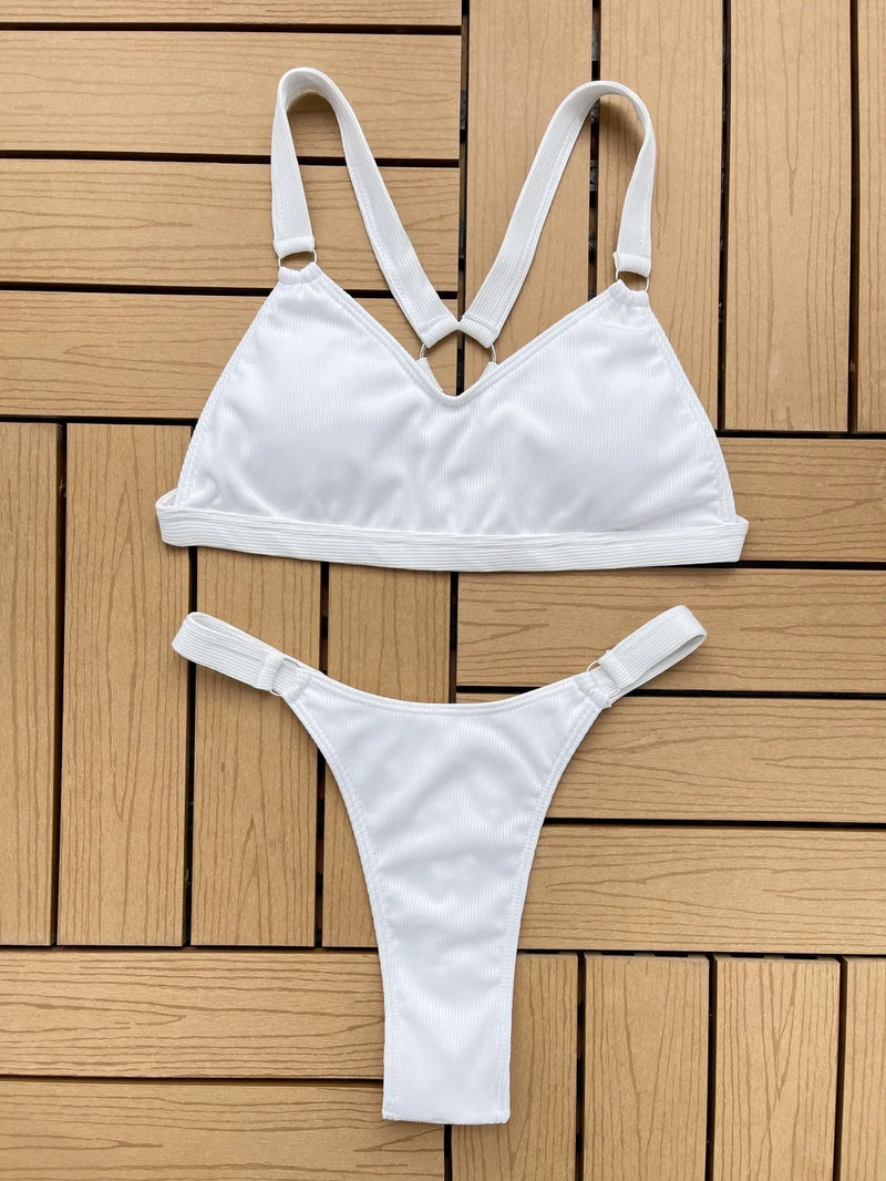 Sexy Ring Linked Backless Bikini Set Women Solid Black White Hollow Out Push Up Micro Swimsuit 2024 Bathing Suit Thong Swimwear