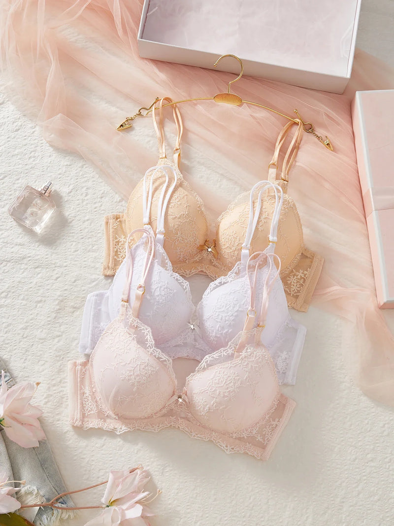3PCS Sexy Floral Lace Women's Underwear Set Bow Push up Bra Supportive and Comfortable Unpadded Female Lace Bra